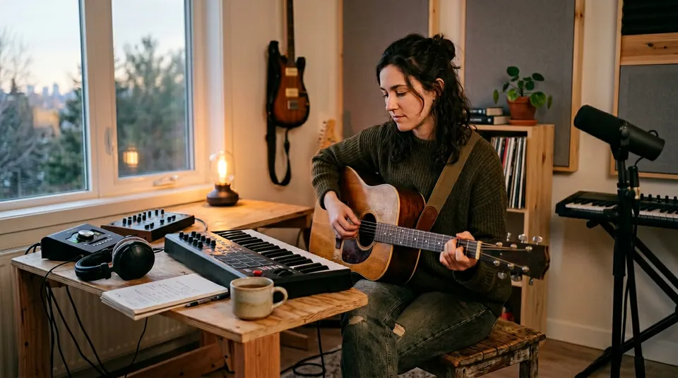 Musician with guitar or keyboard in minimal home studio