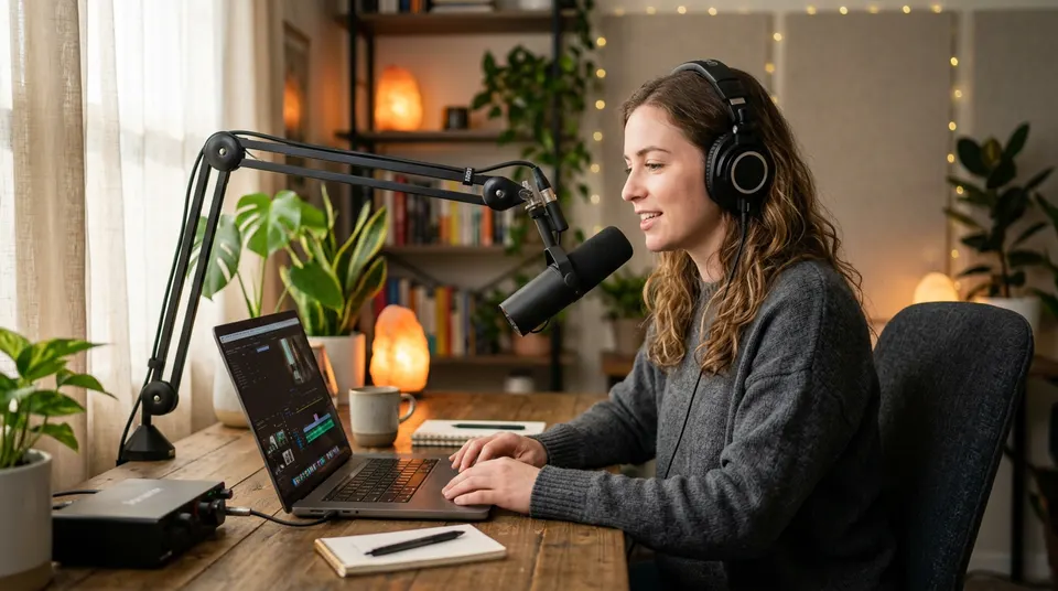 Content creator with microphone and laptop