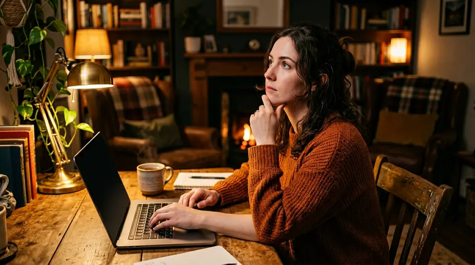 Person typing on laptop, thinking