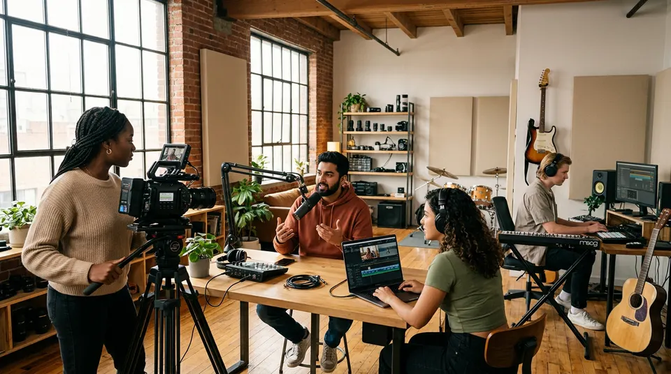 Content studio with creators and equipment